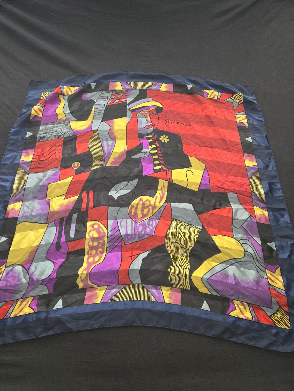 Vintage 80s 90s Picasso Abstract Cubist Portrait Silk Scarf Large 39" Square Art